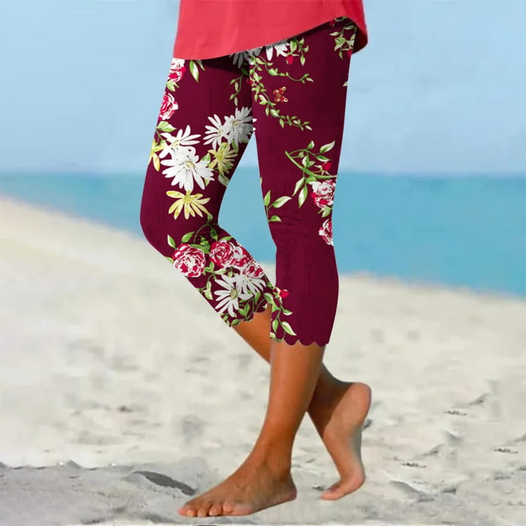 JWZUY Women's Flounce Cuff Hem Floral Capri Leggings Workout Yoga