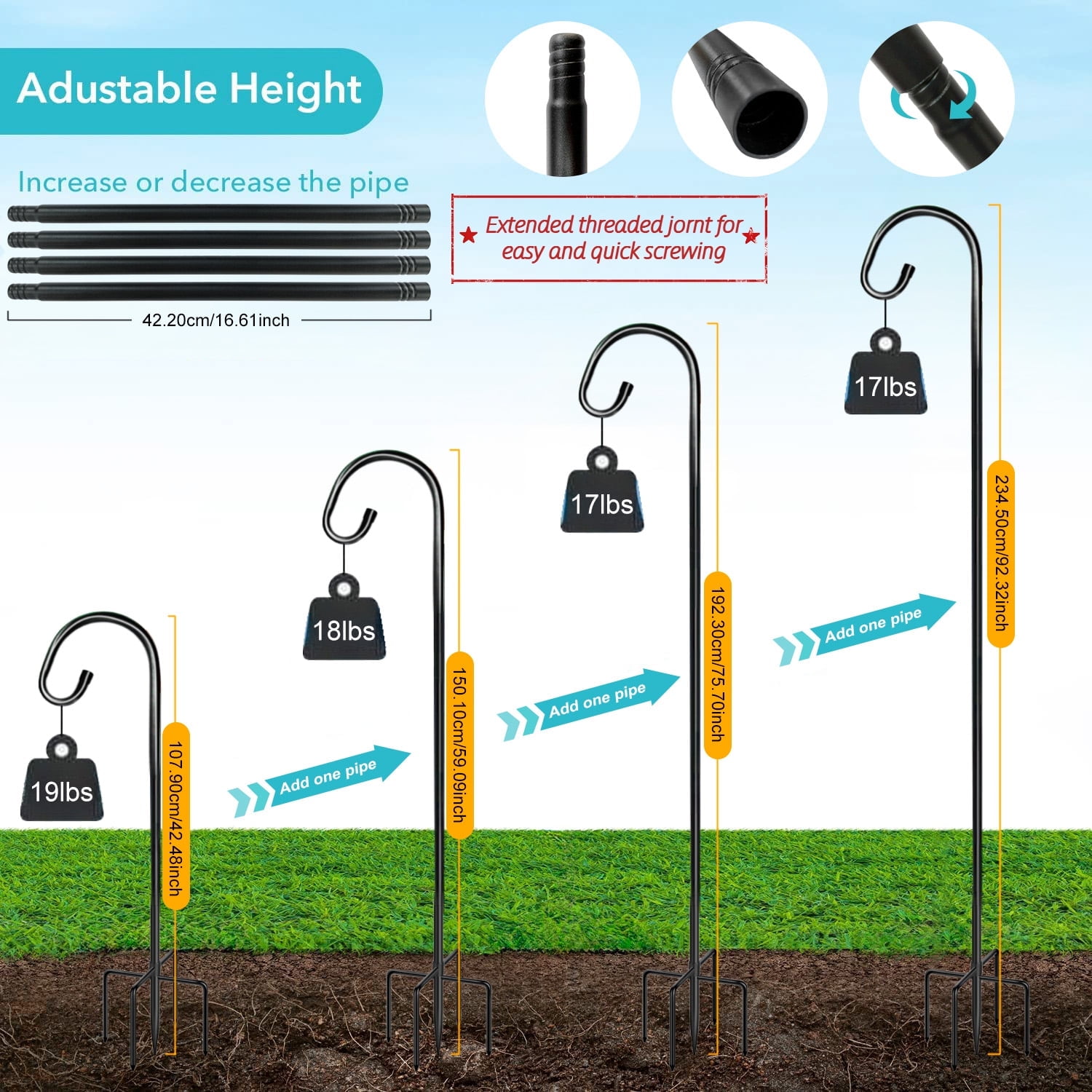 92 Inch Shepherds Hooks for Outdoor, Bird Feeder Poles with 4 Hooks, Shepherds Hook for Bird Feeders Outside with Base, Garden Pole for Hanging Plant Baskets, Weddings Decor