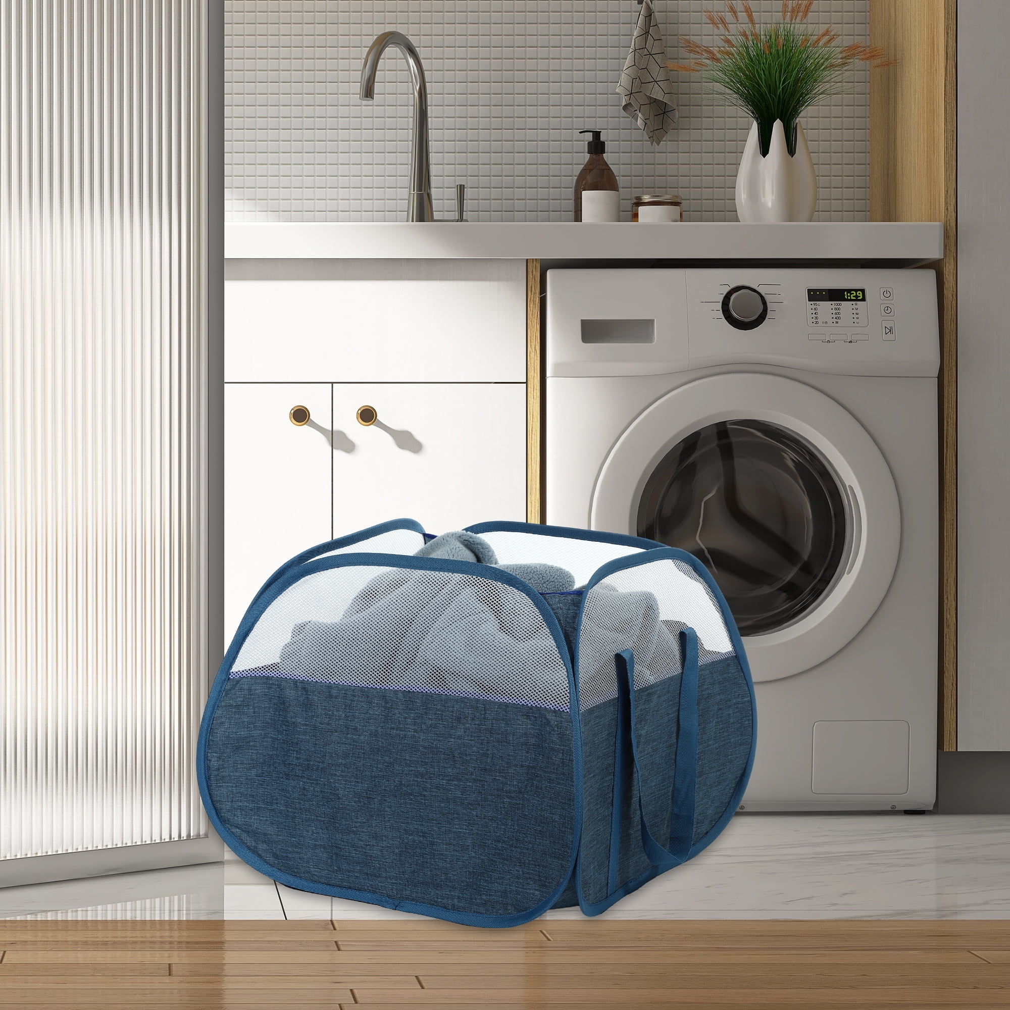 Unique Bargains Folding Breathable Hamper Basket for Bathroom 1 Pc Blue