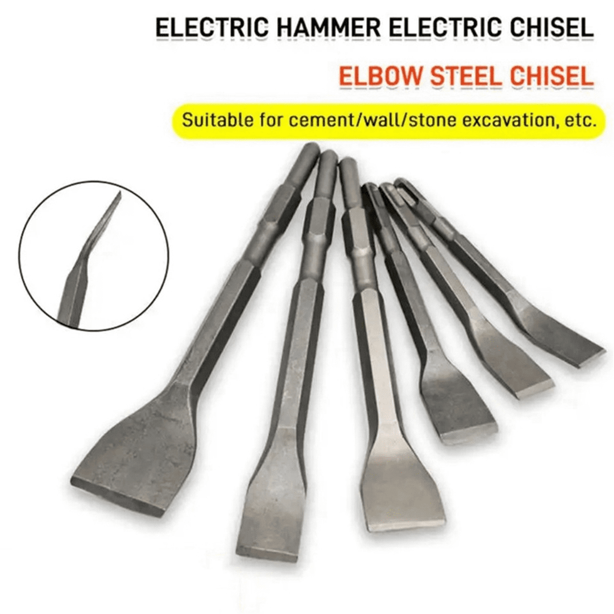 5PCS Hammer Pick Scraping Chisel Set Wall Slotting Masonry Concrete Drill Bit Tile Flat Point Chisels Round Handle