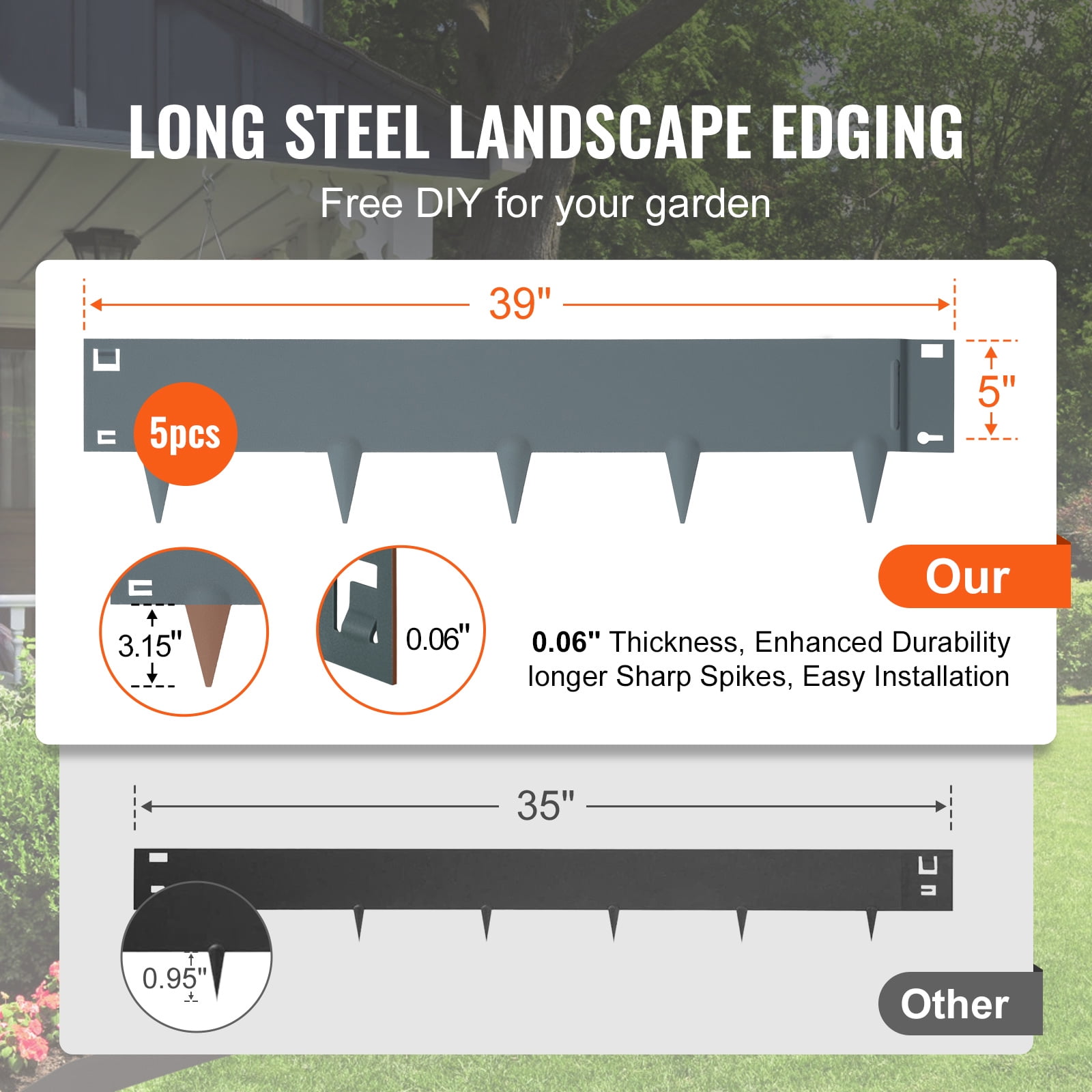 KFFKFF 5 PCS Metal Landscape Edging 39" L x 5" H Steel Garden Border 3.15" Spike Length Flexible Hammer-In Outdoor Landscaping Edge for Lawn, Garden, Walkway, Yard (Dark Grey)