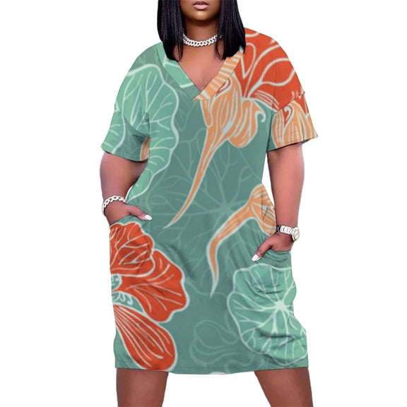Elegant Floral Teal Red Design Women's Summer Short Sleeve Casual Dresses Party Dress