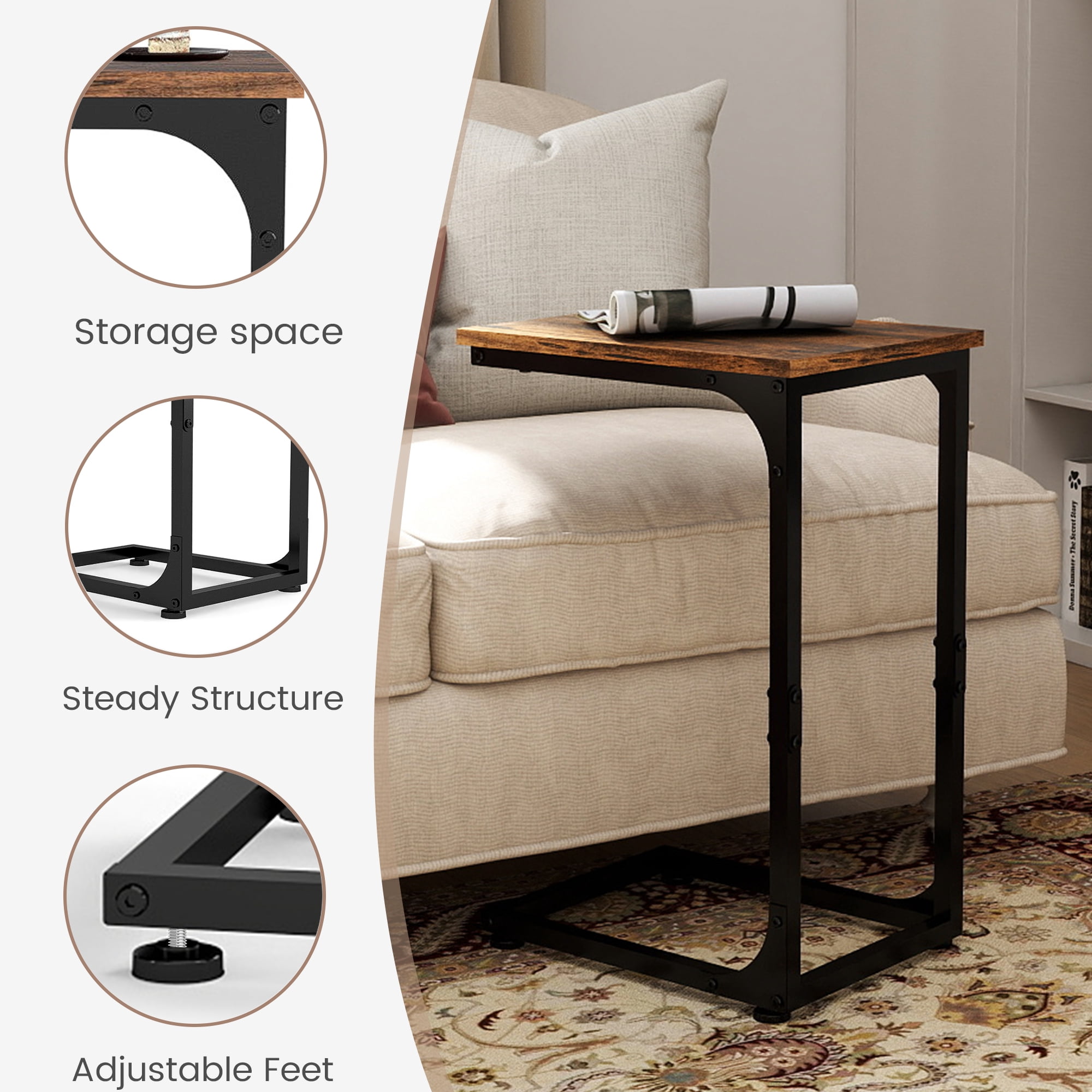 Melocadol C-Shaped End Table, C Shaped Under Couch Slider, Small Side Tables with Metal Frame, Adjustable Feet, for Living Room, Bedside, Sofa, TV Dinner, Recliner, Dark Brown