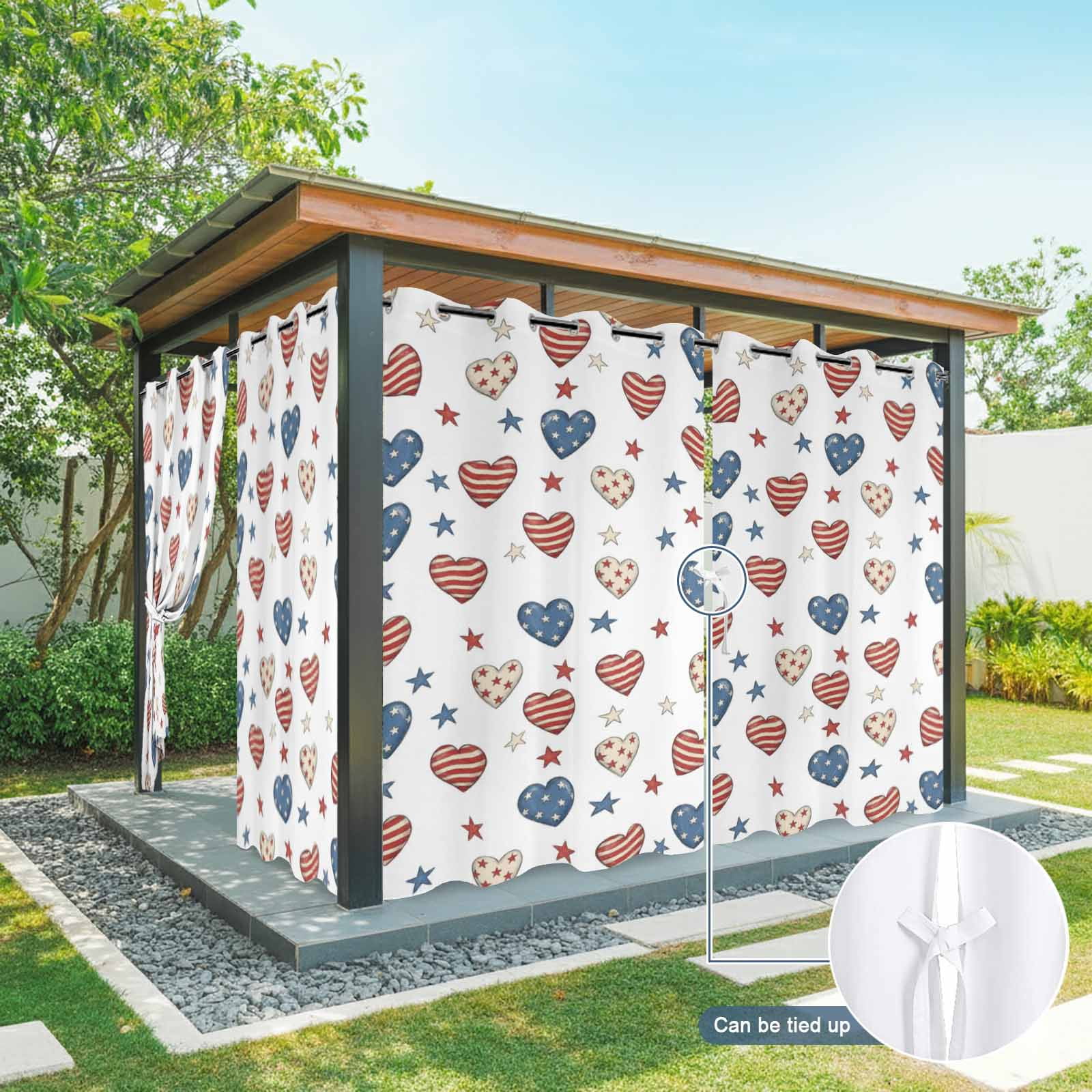 Independence Day Outdoor Curtains for Patio, Patriotic Watercolor Red Stripe Blue Love Heart Star Sunshade Privacy Drapes Grommet Waterproof Outside Curtains for Porch Balcony 54"x108", 1 Panel