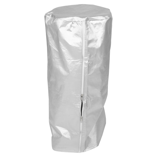funda protectora resistente para tanque de gas de 15 kg, resistente a la intemperie, impermeable, para exteriores, ideal para acampar y almacenar en el patio. Vista frontal centrada de la funda plateada de 70 x 33 x 33 cm con cierre vertical visible y tejido brillante; diseño impermeable que actúa como barrera contra polvo, partículas, lluvia y radiación solar. Adecuada para diferentes tipos de cilindros y para uso en patio o camping; también sirve para guardar accesorios de camping secos.