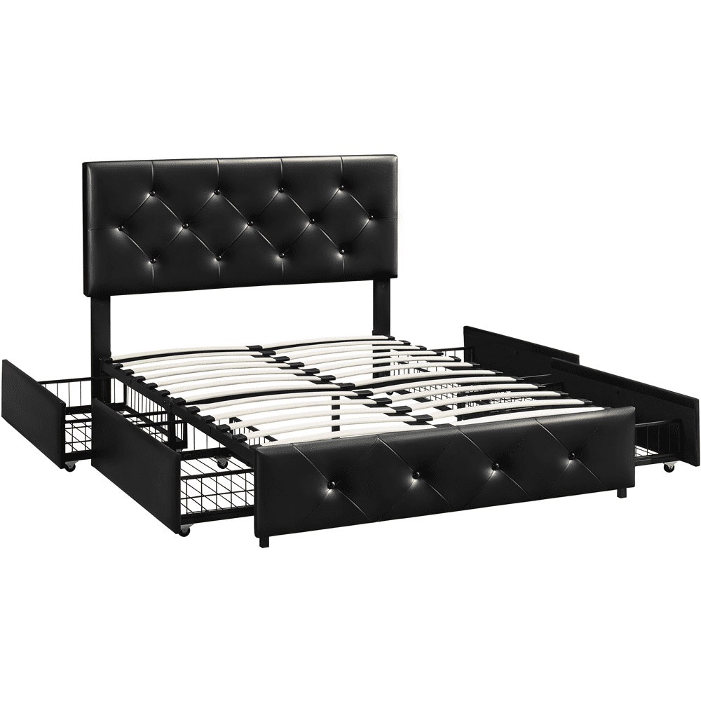 Renwick Diamond Button-Tufted Upholstered Platform Bed with Storage, Adult, Black, Full
