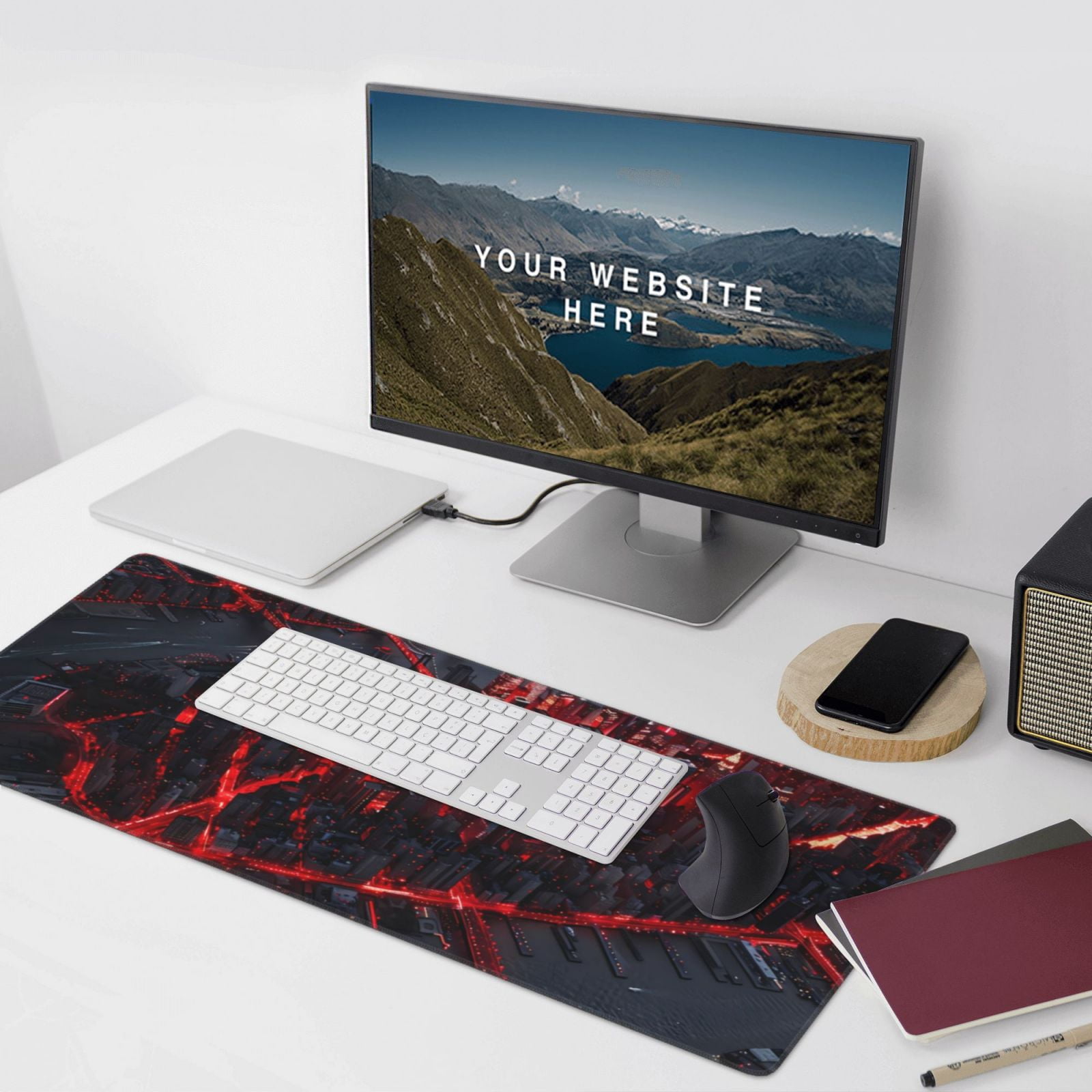 Hirioo Cyberpunk Cityscape Lights for Mouse Pad ,Anti-Slip Base, Durable Stitched Edges, Perfect for Gaming, Office, and Home Use,16x35.5in