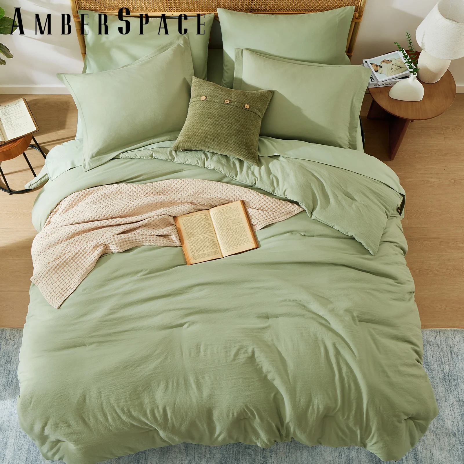 Amberspace Prewashed fabric 7-piece Bed in a Bag Comforter Set with Sheets,Sage green,King
