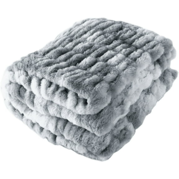Lavish Home 60x80-Inch Ruched Faux Fur Blanket for Sofas and Beds (Silver)