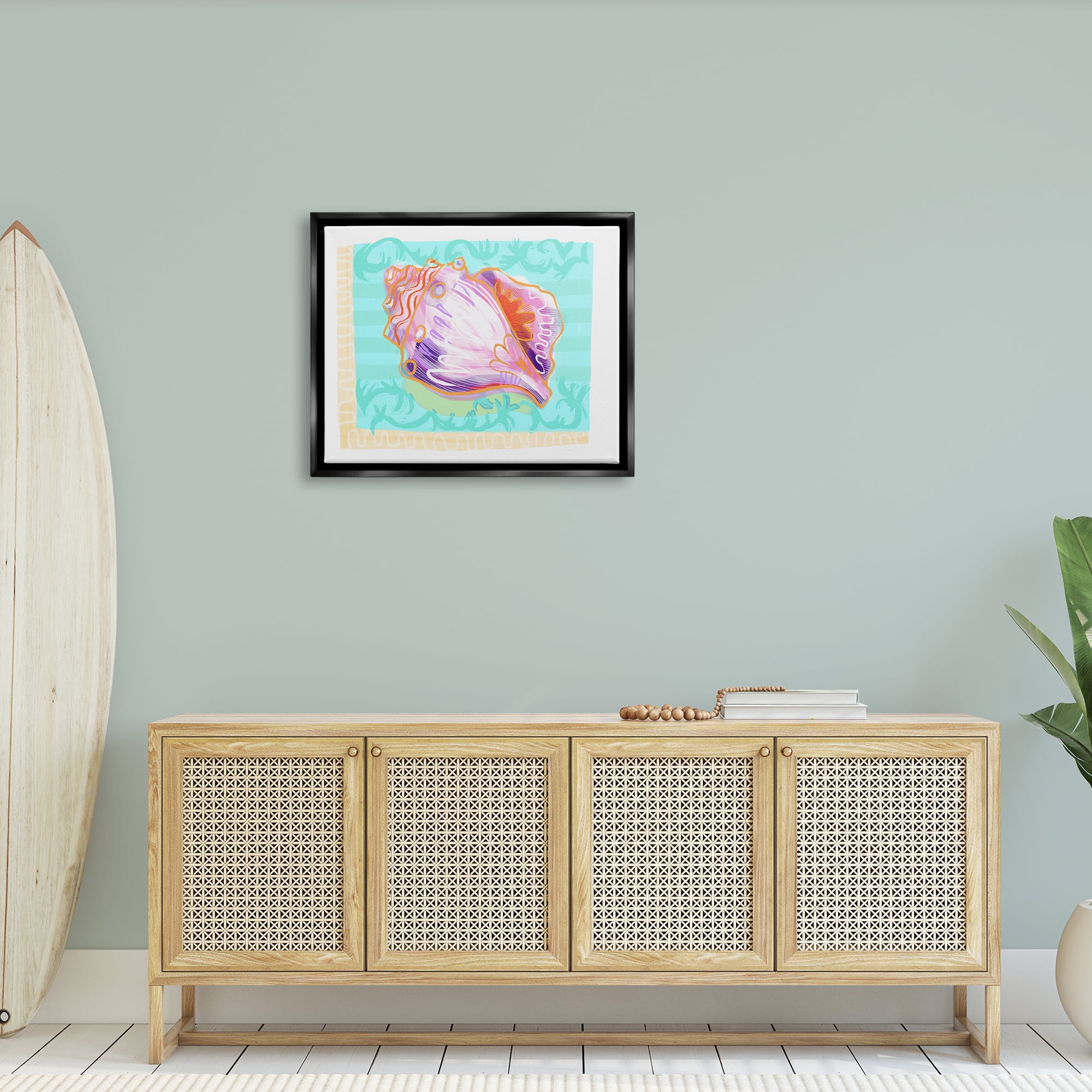 Stupell Industries Patterned Conch Seashell Illustration Nautical Sea Life Graphic Art Jet Black Floating Framed Canvas Print Wall Art, Design by unknown
