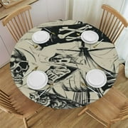 Nautical Fitted Polyester Tablecloths Round, Vintage Pirate Theme Elastic Edge Home Decor Table Cover, Stain Resistant Washable Table Cover, For Family Holiday Party Tablecloths, Fit for