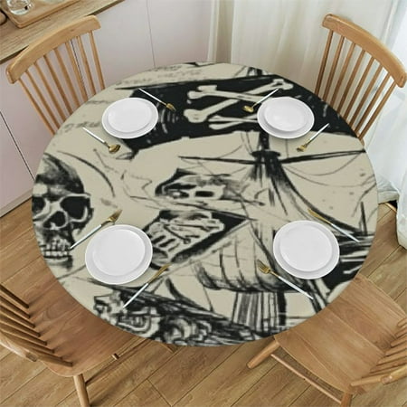 Nautical Fitted Polyester Tablecloths Round, Vintage Pirate Theme Elastic Edge Home Decor Table Cover, Stain Resistant Washable Table Cover, For Family Holiday Party Tablecloths, Fit for