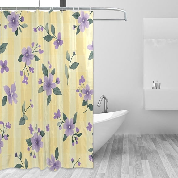 Cute Pastel Yellow Plaids Purple Florals Shower Curtains with 12 Hooks Waterproof Bathroom Decor 66" x 72"