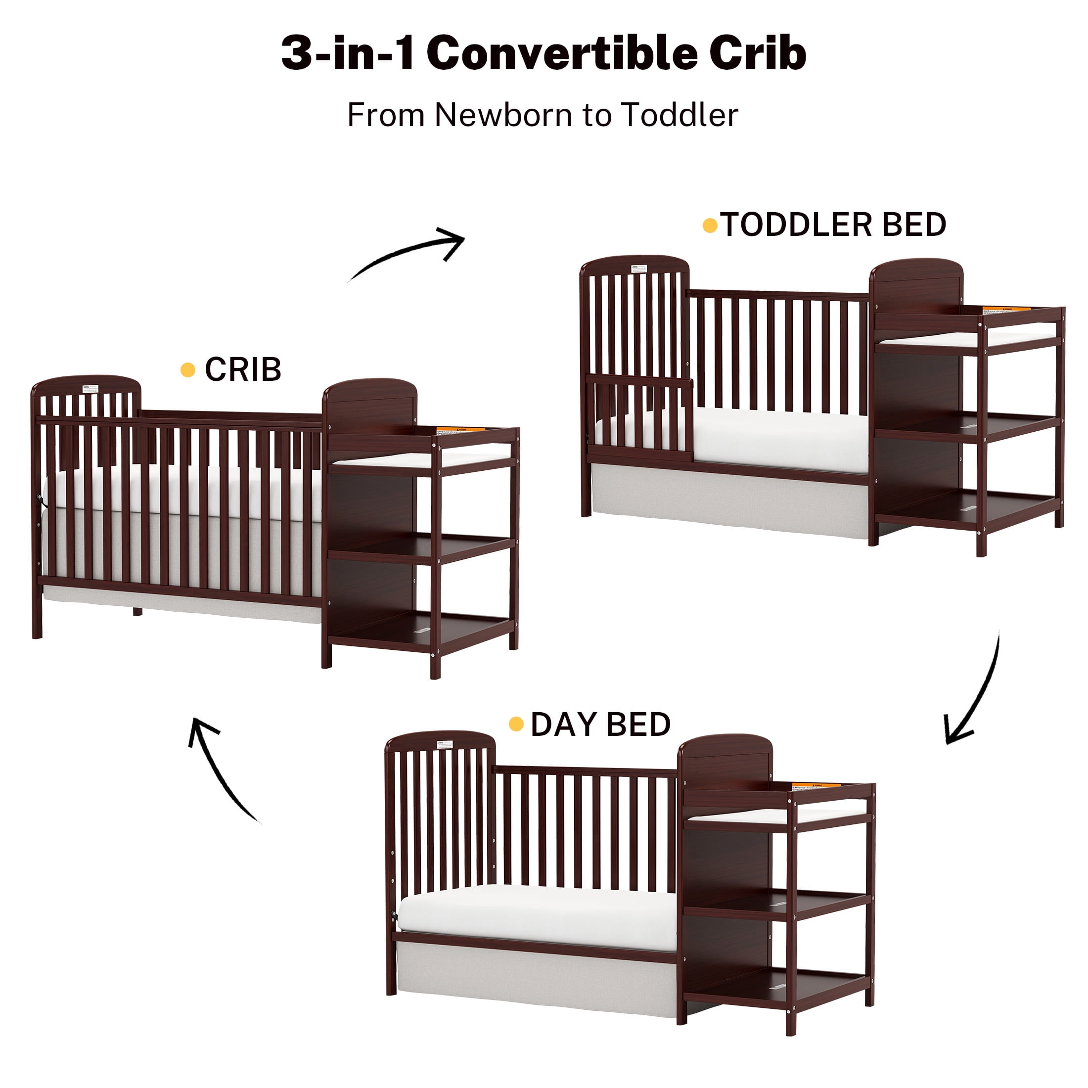 Conchico 3-In-1 Convertible Crib and Detachable Changer, New Zealand Pinewood Baby Crib, Toddler Daybed Bed with 3 Heights, Non-Toxic Finish, Easy to Assemble, Espresso