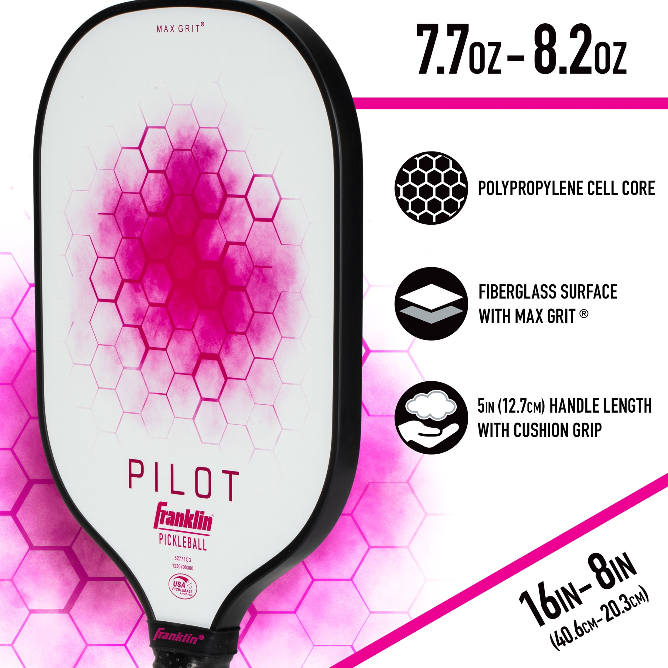 Franklin Sports Pickleball Paddle - Pilot Polypropylene Core Pickleball Racket - Official USA Pickleball (USAPA) Approved Pickleball Paddle - Lightweight Pro Racket - Pink - 10mm Thick Core