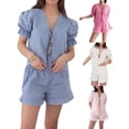 thumbnail image 4 of Aojekbee Women Summer Shorts Outfits Plaid Front Tie-Up Short Sleeve Shirts Tops Elastic Waist Shorts 2 Pieces Clothes Set, 4 of 10