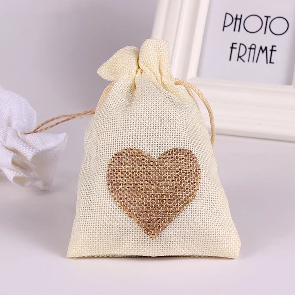 Small Heart Gift Bags 2 Colors Jute Burlap Bags Jewelry Candy Pouch Bags  20pcs