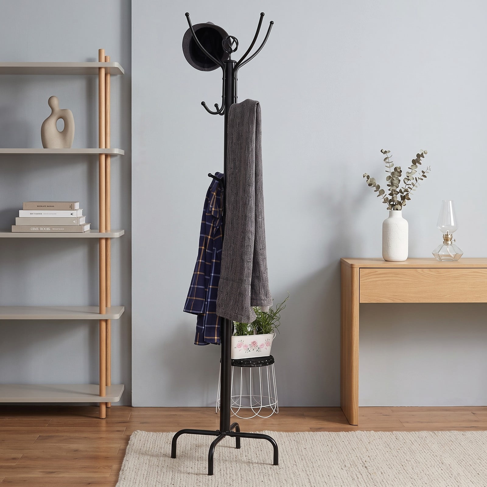 Furnibear Freestanding Metal Coat and Hat Rack Stand with 12 Hooks and Three-Tier Design for Entryway Hallway and Bedroom, Black