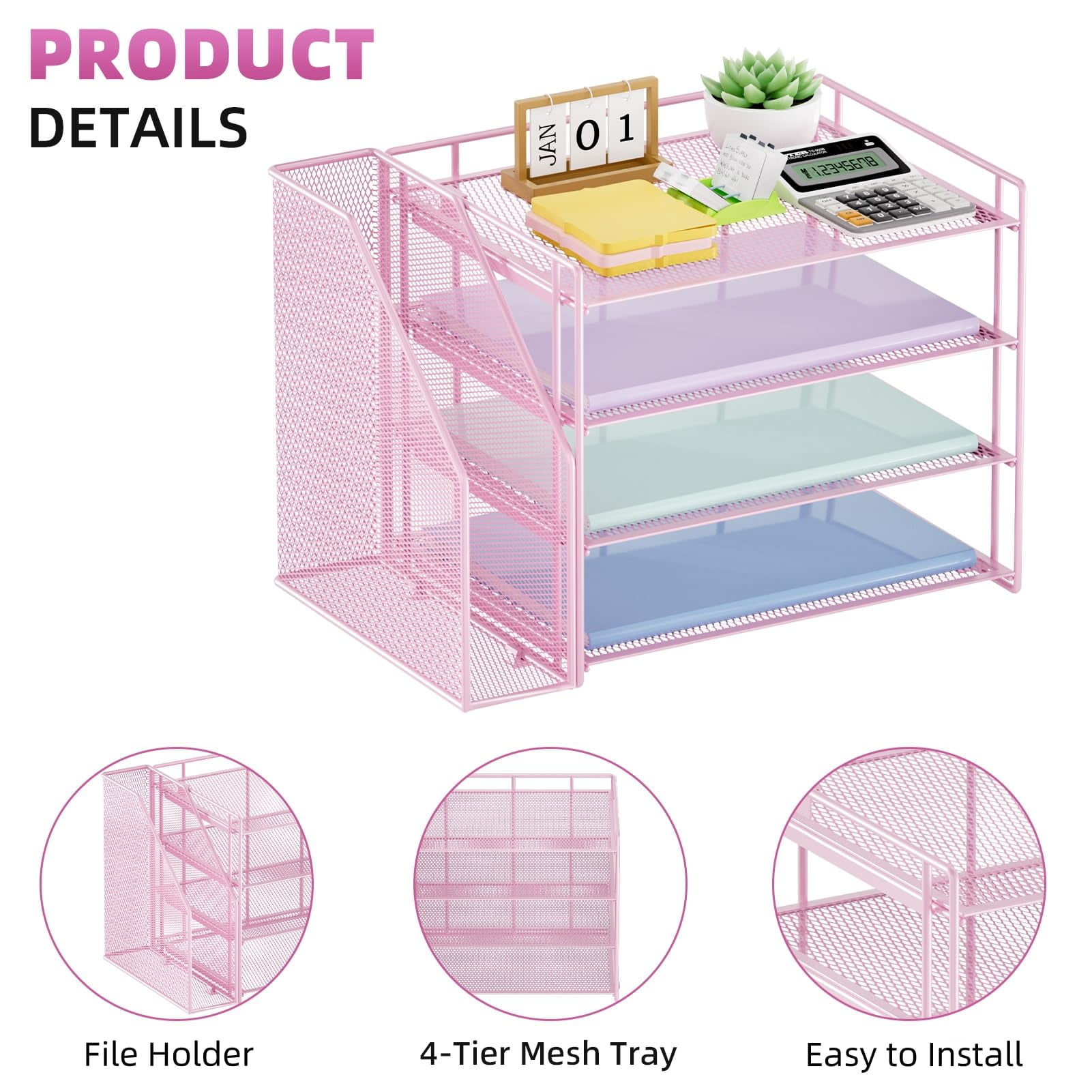 Marbrasse Desk Organizer ，4-Tier Paper Letter Tray Organizer with File Holder， Workspace Desktop Organizers for Home Office Desk Supplies (Pink)