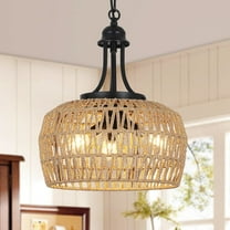 Noble House 12.6" Modern 3-Light Rattan Chandelier, Boho Farmhouse Pendant, E12 Dimmable, Adjustable Height, Black
