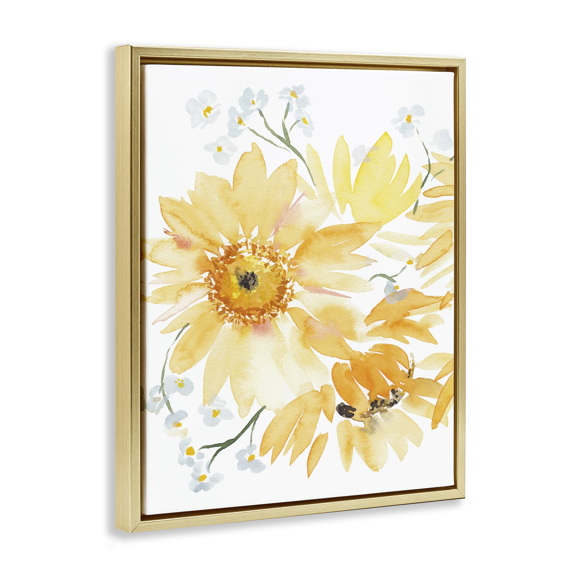Stupell Industries Yellow Brushed Flowers Botanical & Floral Painting Gold Floater Framed Art Print Wall Art, 17 x 21