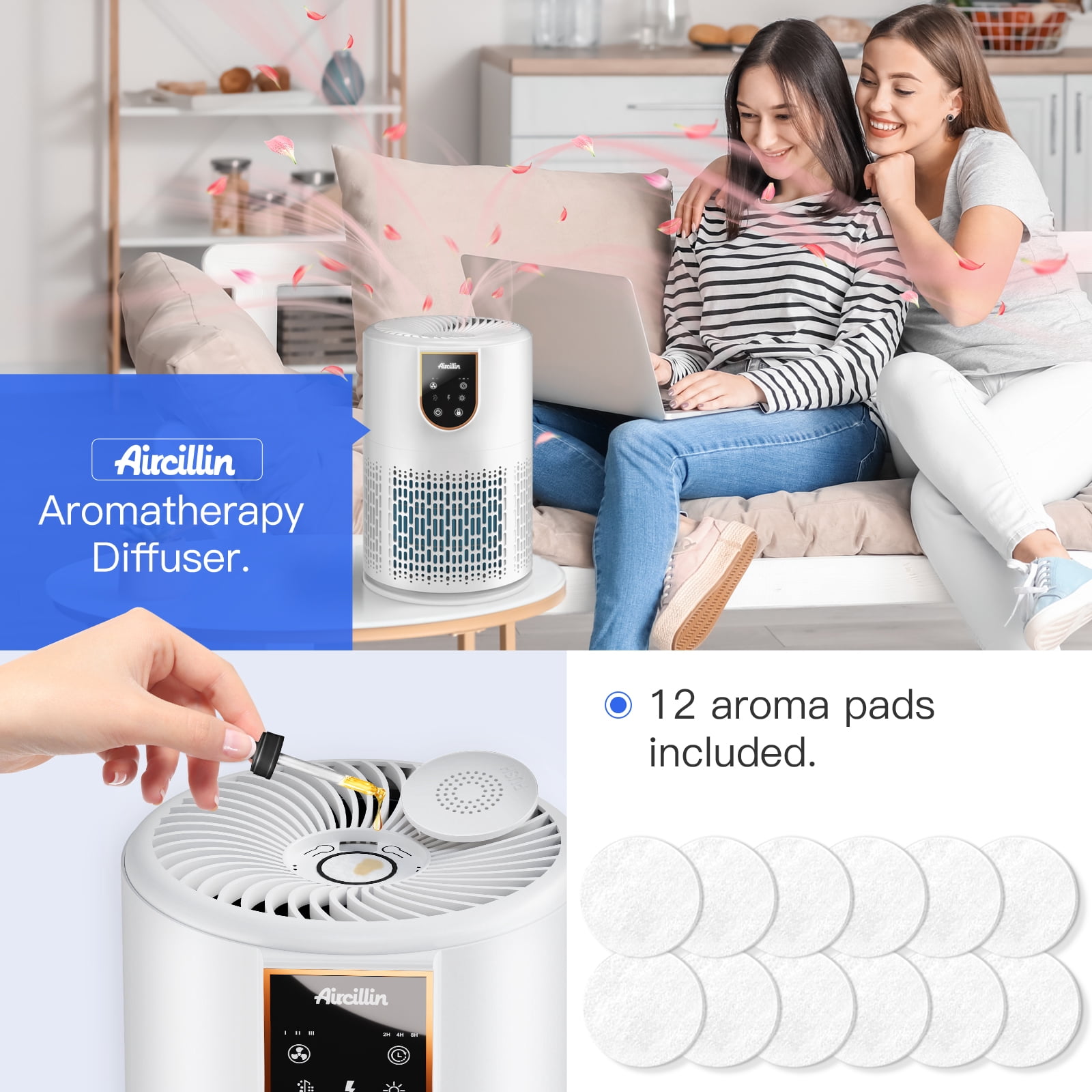 Aircillin AP0801 Air Purifier with Fragrance Sponge, HEPA H13 Filter, 398 Sq ft, White