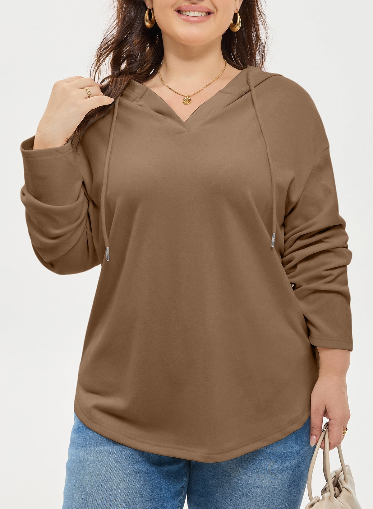 SHEWIN Sweatshirt for Women Plus Size Hooded Sweatshirts Fleece Sweatshirt V Neck Drawstring Long Sleeve Hoodie Pullover Tops for Fall 2025 Brown 2X
