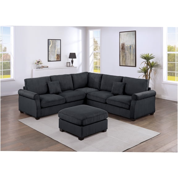 JERFIT Modern 4-Piece Corduroy Sectional Sofa Set with Ottoman and Pillows for Living Room, Black