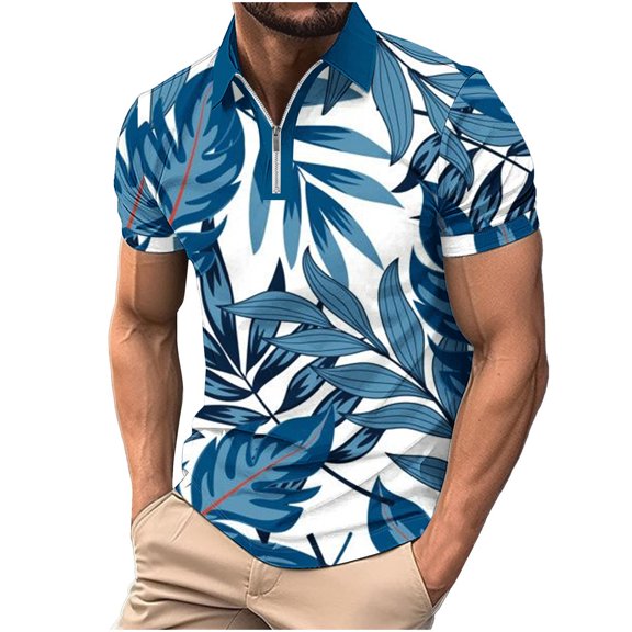 UVEASISHA Mens Quarter Zip Polo Shirts,Mens Polo Shirts 1/4 Zip Shirts Casual Stripe Summer Lightweight Short Sleeve Golf Collared Shirt,Light Blue L