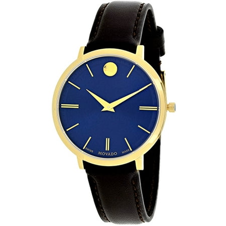 Movado Women's Ultra Slim 35mm Brown Leather Band Gold Plated Case Quartz Blue Dial Analog Watch