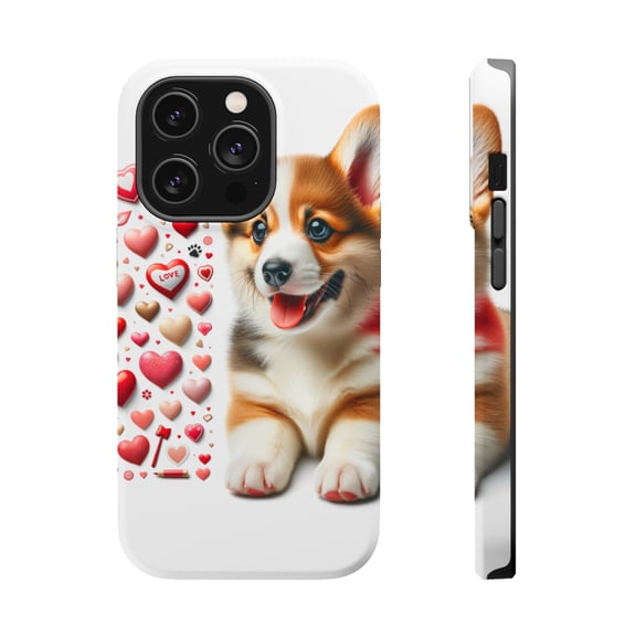 DistinctInk Tough Case for Apple iPhone 14 Pro MAX (6.7" Screen), Compatible with MagSafe Charging - Valentine's Day Pembroke Welsh Corgi Puppy