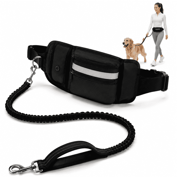 Pawchum Hands Free Dog Leash, Adjustable Bungee Waist Belt, Reflective Running Belt, Storage Pouch & Poop Bag Holder