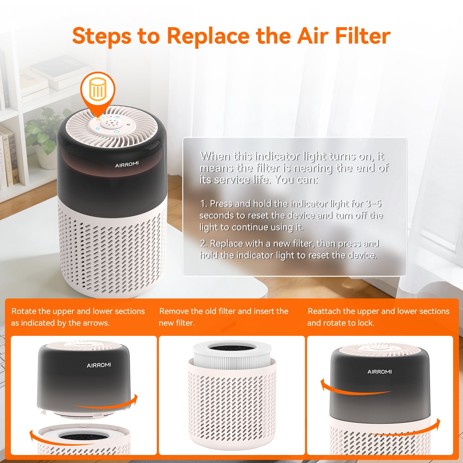 AIRROMI HEPA Air Purifier for Pet Owners, Included Activated Carbon Filter, Air Cleaner with Night Light for Allergies and Asthma Suffers,A2005,Beige