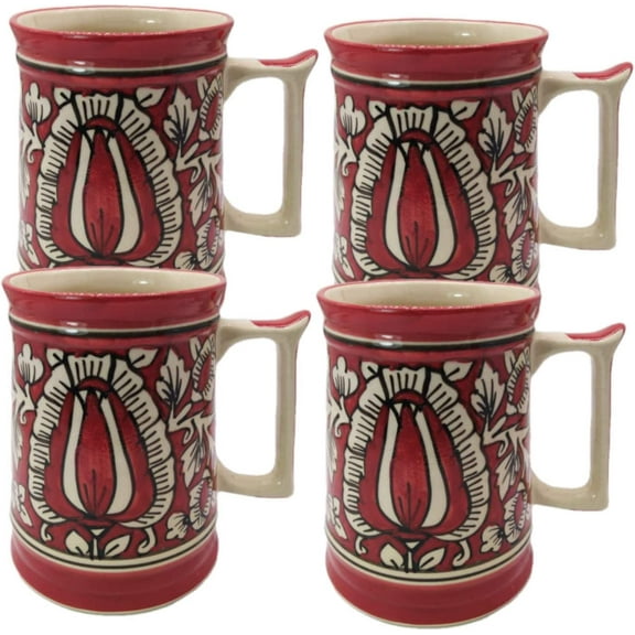 India Meets India Ceramic Beer Mug 500 ML Handicraft By Awarded Indian Artisan (4, Red)