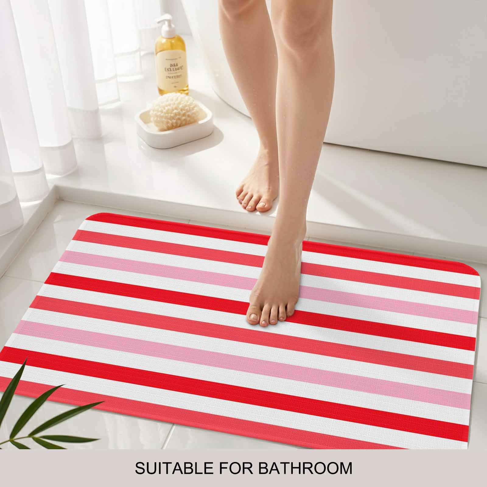 Red Pink Striped Doormat Outdoor Entrance 18"x30", Farmhouse Stripes Simple Art Absorb Moisture Dirt Door Mats, Non-Slip Rubber Backing Floor Mats Indoor, Low-Profile Front Door Rugs