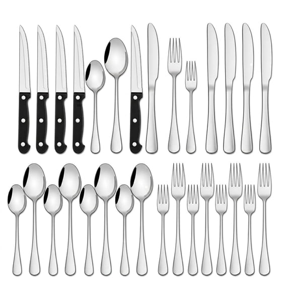 NULAS 24-Piece Silverware Set, Mirror Polish Stainless Steel Flatware Set. Includes Steak Knives, Dishwasher Safe for Home & Restaurant, Gifts, Silver.