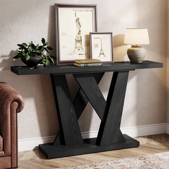 Finmind Farmhouse Console Table, 55-inch Sofa Table Behind the Couch  with Geometric Base for Entrance, Living Room, Black