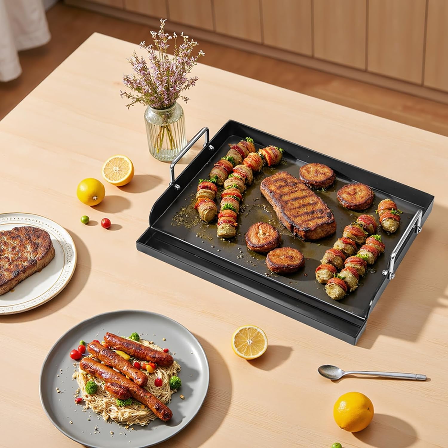17" x 13" Nonstick Coating Cooking Griddle for Gas Grill, Universal Griddle Flat Top Plate Insert with Grease Groove and Removable Handles for Charcoal/Gas Grills, Camping, Tailgating, Parties