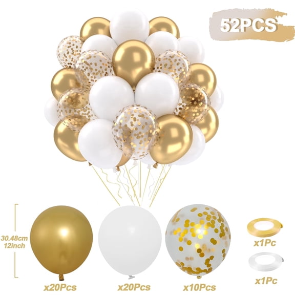 50 pcs 12 inch White and Metallic Gold Balloons Set for Birthday Engagement Wedding Anniversary Party Decorations