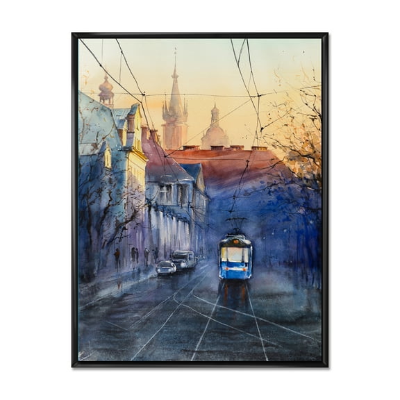 Designart 'Blue Tram At Sunset With Church During Sunset Cityscape' Nautical & Coastal Framed Canvas Wall Art Print