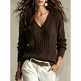 thumbnail image 3 of Women's Dark Brown V-Neck Cable Knit Sweater, Casual Long Sleeve Pullover, 3 of 8