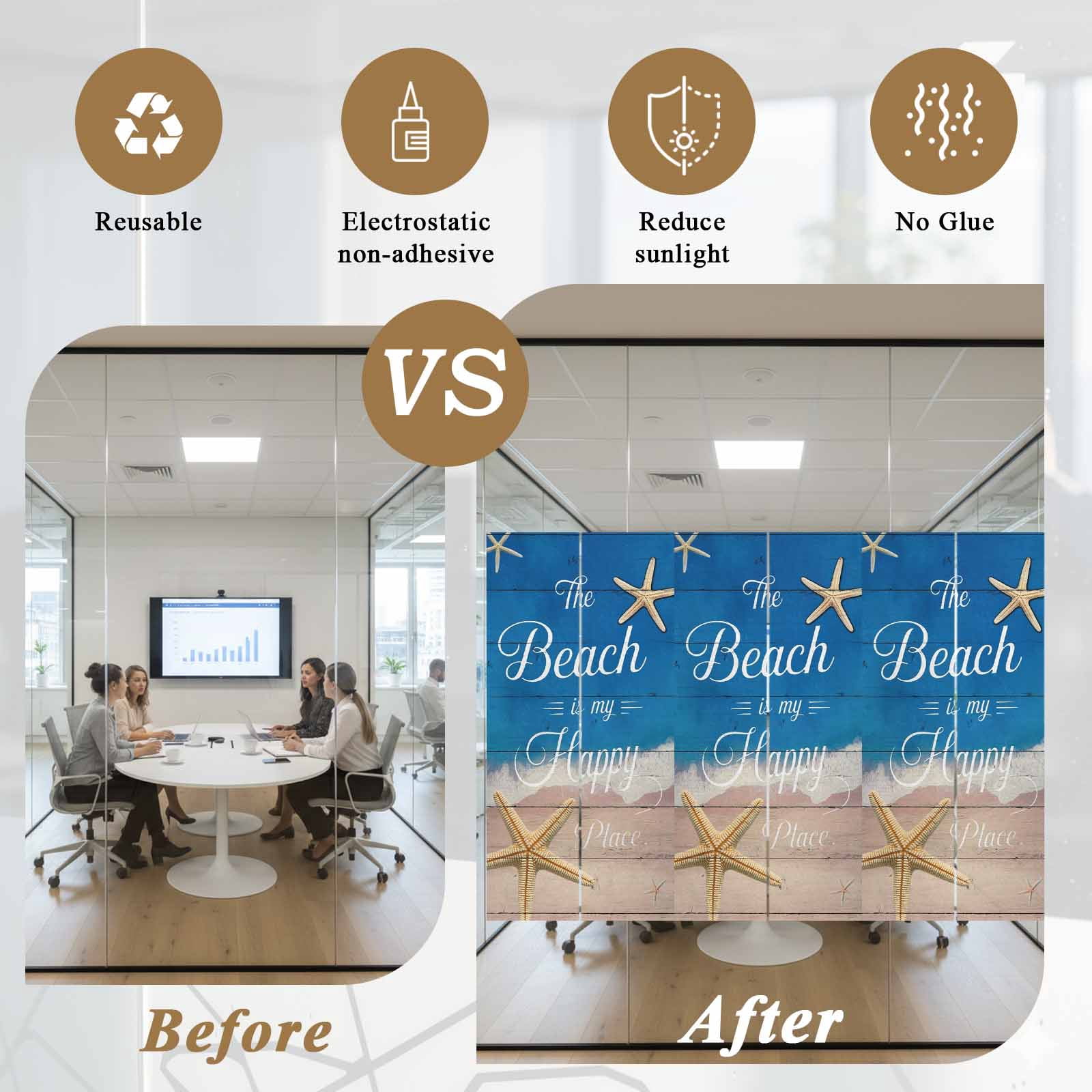The Beach Is My Happy Place Window Privacy Film, Summer Starfish Beach Board Frosted Glass Window Clings Static Cling UV Heat Blocking Reusable Door Sticker for Bathroom 29.5 x 118 Inch
