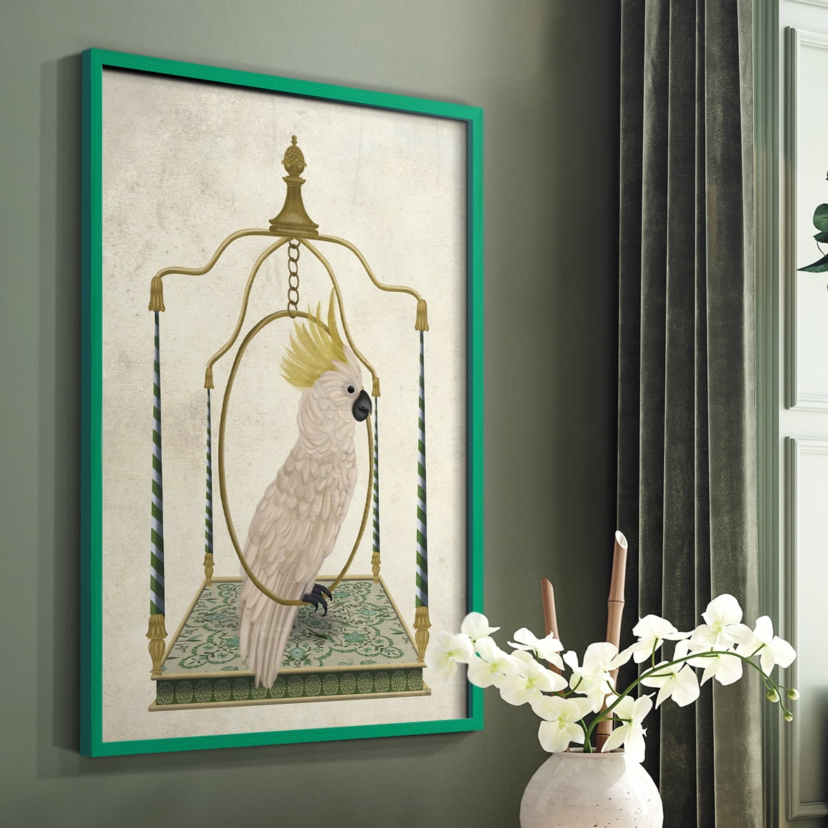 White Cockatoo on Swing Framed Print in Green Solid Wood 11 x 14 Framed Print