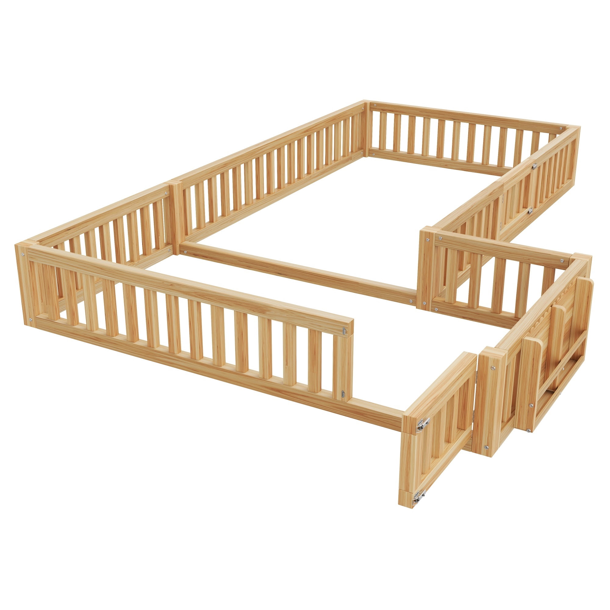 Euroco Twin and Full Size L-Shaped Platform Bed, Floor Bed with Full Guardrails and Storage, Natural