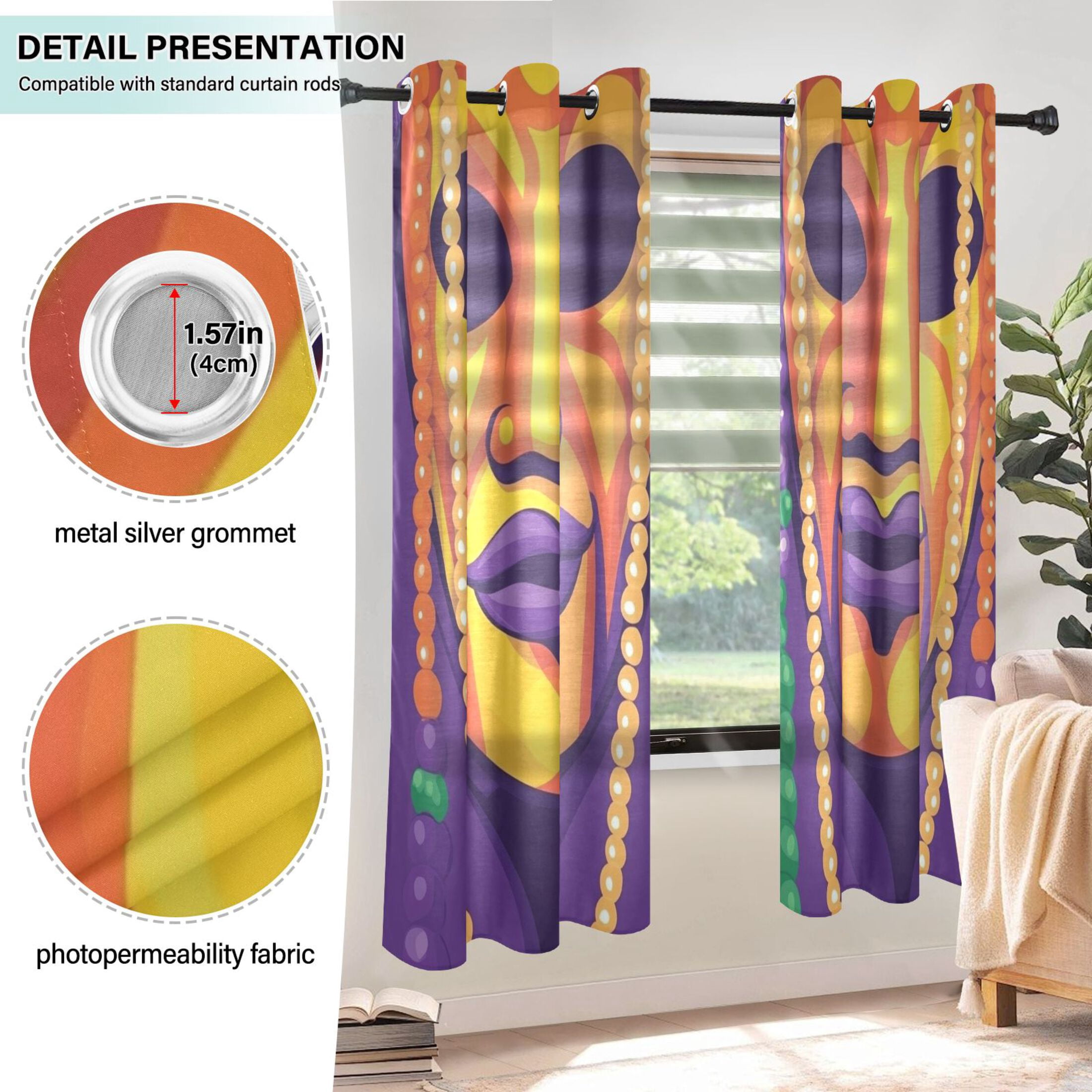 Mardi Gras Mask and Beads Semi Sheer Curtains for Living Room Bedroom Set of 2 Insulated Window Drapes