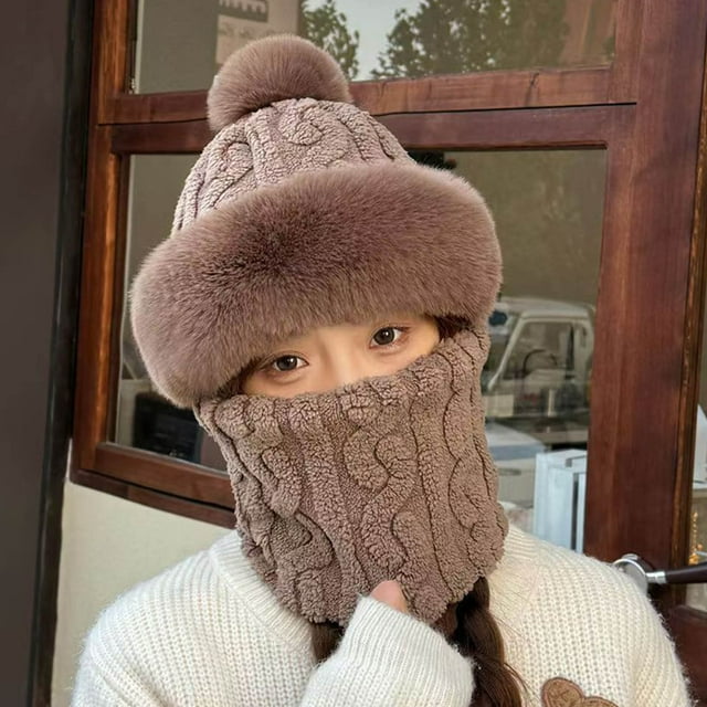 RXIRUCGD Womens Solid Color Plush Thick Scarf Mask With Integrated Ear Protection Thick And Warm Headband Cap( Coffee )