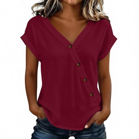 hoksml Women's Casual Short Sleeve Button Blouse, V-Neck Cotton Loose Fit Top Solid Color Summer Shirt