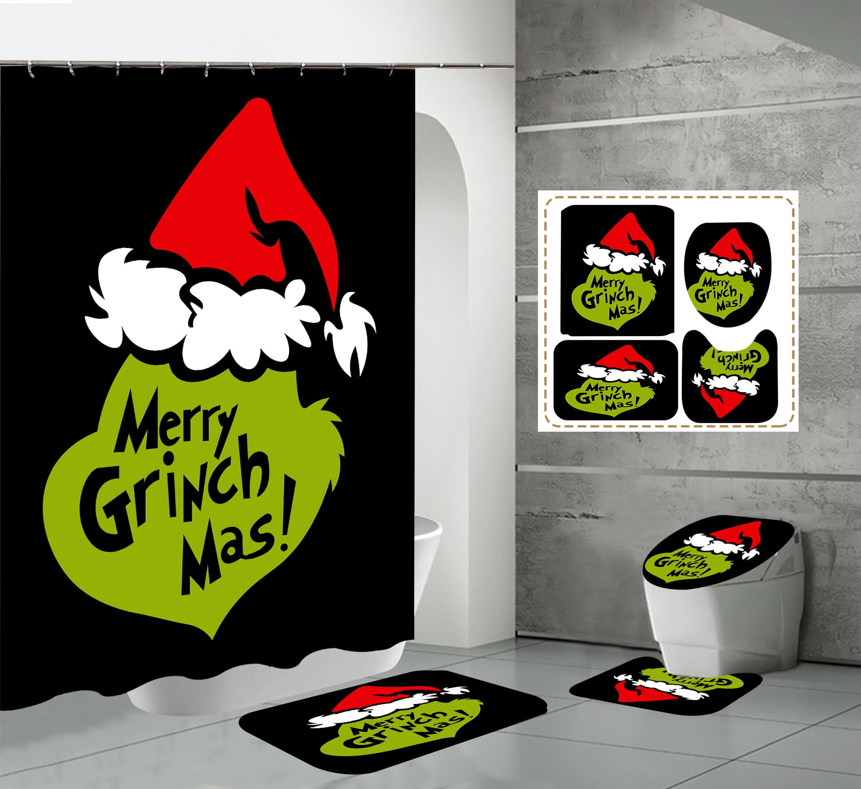 4PCSshower curtain bath mat Christmas Grinch bathroom set
