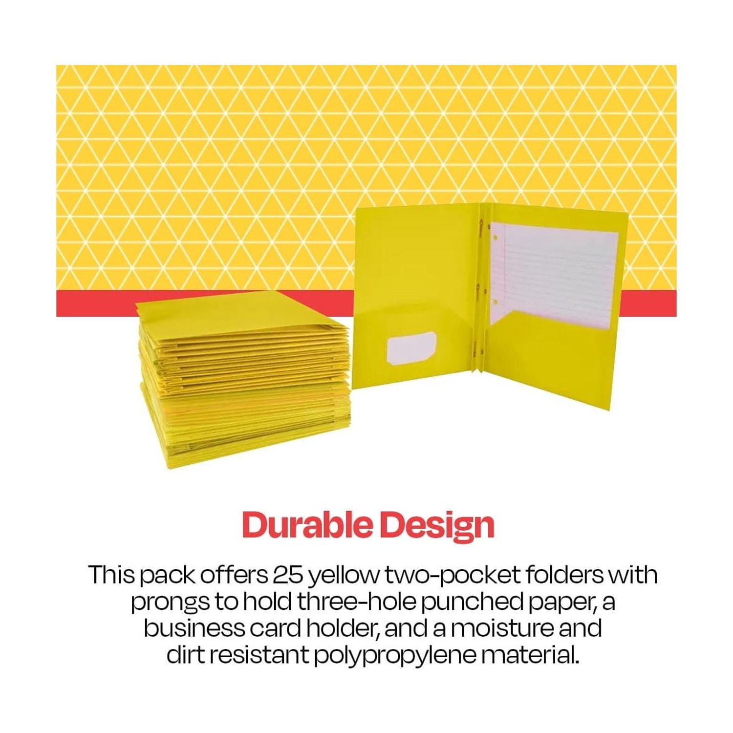 2-Pocket Poly Folders with Fasteners, Yellow, Pack of 25