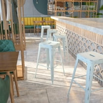 Emma Oliver Commercial 30"H Backless Distressed Green-Blue Metal Indoor-Outdoor Barstool